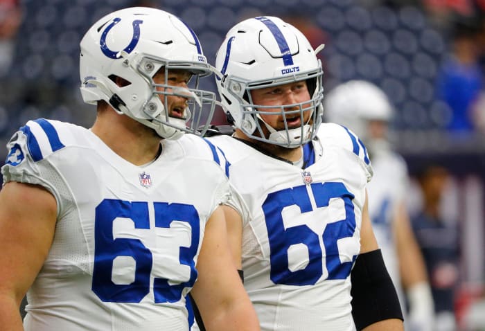 Indianapolis Colts guard Danny Pinter (63) and guard Chris Reed (62) warm up before facing the Texans on Sunday, Dec. 5, 2021, at NRG Stadium in Houston. Indianapolis Colts Versus Houston Texans On Sunday Dec 5 2021 At Nrg Stadium In Houston Texas
